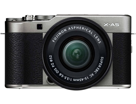Kit Máquina Fotográfica Mirrorless FUJIFILM X-A5 + 15-45mm Cinzento — 24MP, Sensor APS-C, Ecrã Tátil, Vídeo 4K, Deteção de Rosto, Compacta, Elegante, Modo Panorâmica
