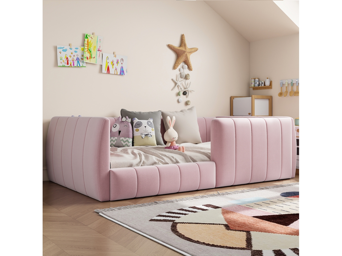 Cama De Plataforma Acolchada 90x200 Rosa Com Guarda-sol De Segurança