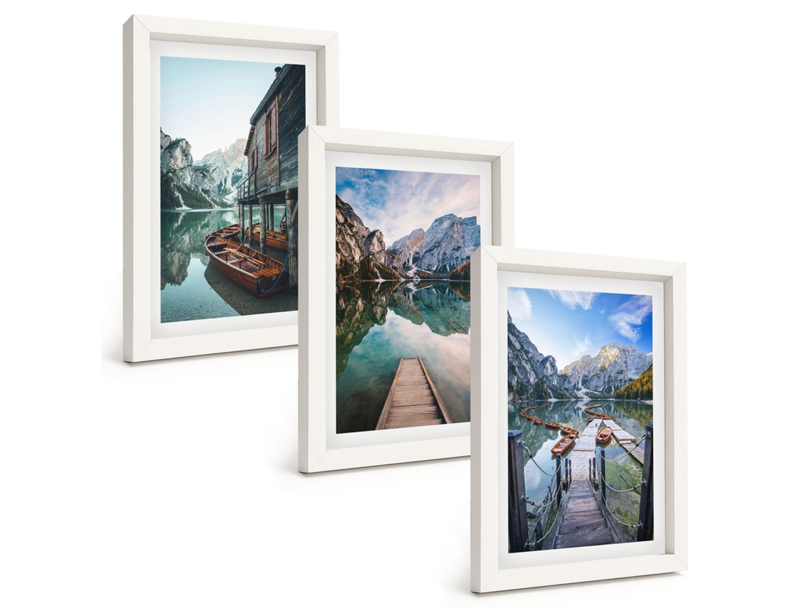 Pinturas Murais Modernas Lago, Montanhas, Barcos De Madeira Moldura Branca Fotos Para O Escritório Espelharte (3 Peças 20x30 Cm)