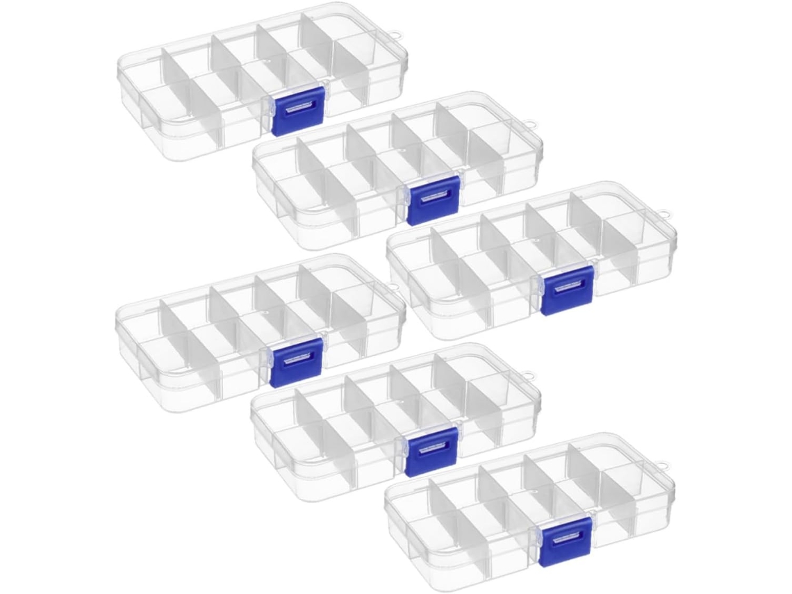 Caixa Organizadora De Plástico Transparente Com 6 Peças E 10 Compartimentos.