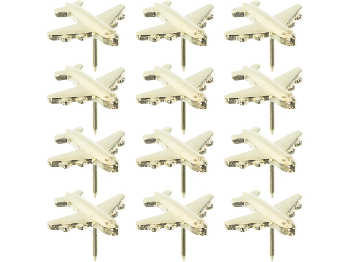 Orfofe 3d Alfinetes em formato Avião, em metal dourado, 12 unidades, Zinco League, fácil de usar, ideal para