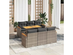 Vidaxl 7 Pcs Conjunto Sofás Jardim Almofadões Vime Pe/acácia Cinzento