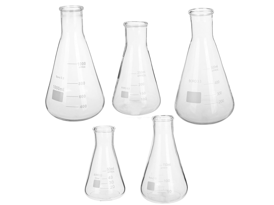 Conjunto De 5 Frascos Erlenmeyer, Formato Cônico, Base Triangular Estável, Em Vidro.