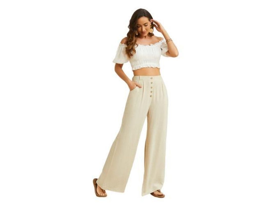 2026 pantalones Amplios de Algodón Y Lino para Mujer, Cintura Alta, Verano, com Bolsillos, Flowing e Casual L Albaricoque