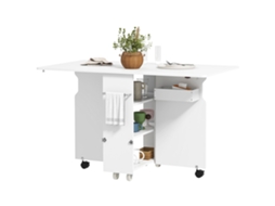 Mesa retrátil com prateleiras, 3 andares, com rodas, 130x80x76,5cm, branca