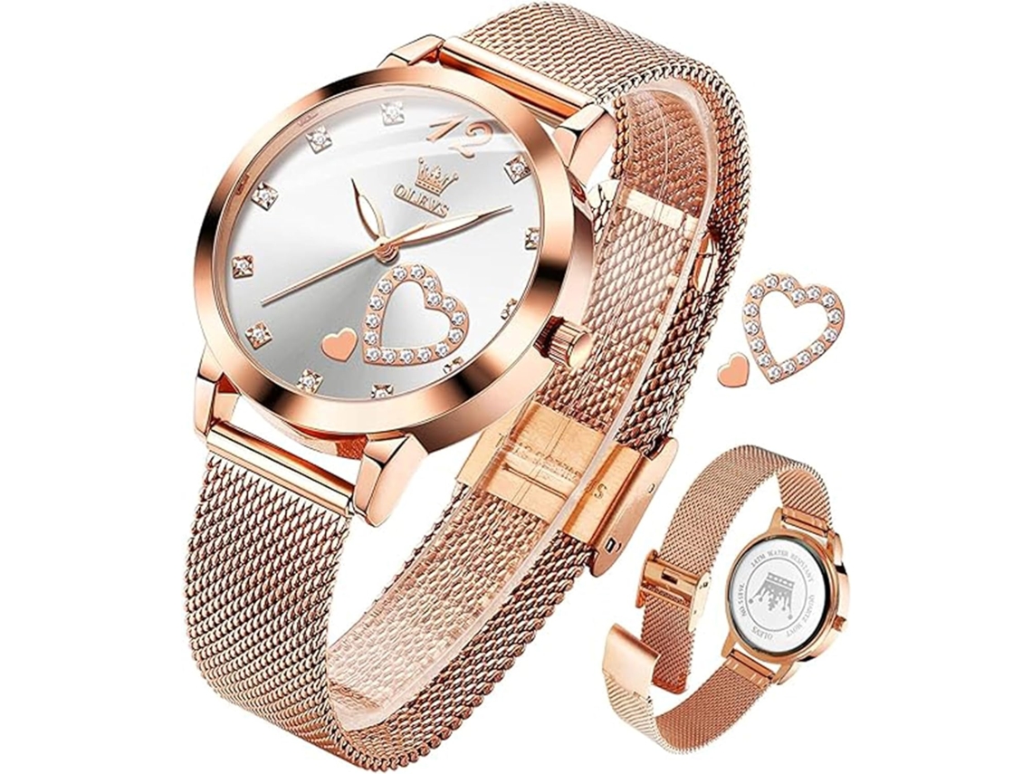 Lurelia Relógio Feminino, Movimento De Quartzo, Data/calendário, Aço Inoxidável, Rosa Ouro, Branco