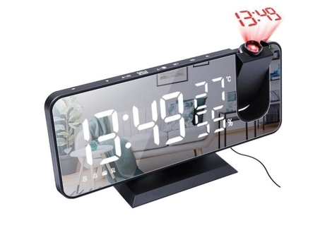 guan®Despertador digital LED, despertador eletrônico de mesa despertador USB, projetor de rádio FM | Preto Branco OLALI