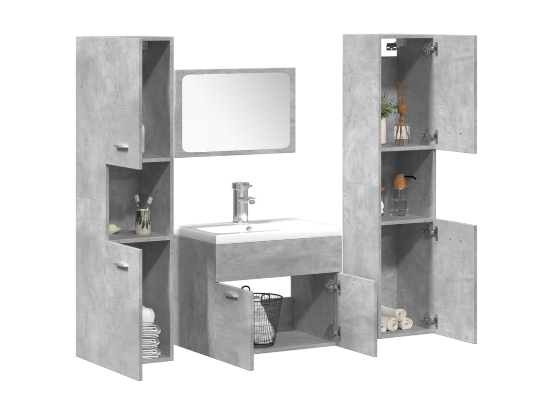 4 Pcs Conj. Móveis Casa Banho Derivados Madeira Cinza Cimento