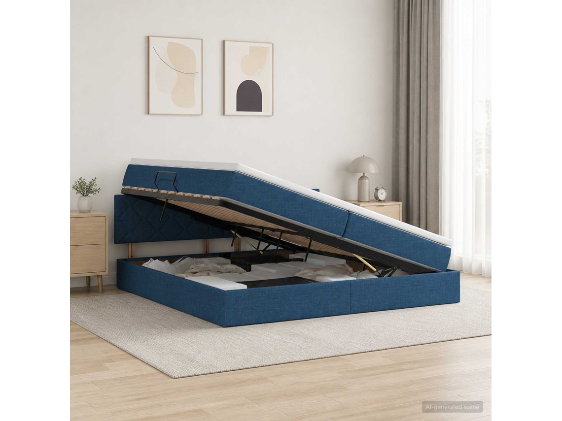 Vidaxl Cama Com Arrumação E Colchão Azul 200 X 200 Cm Veludo