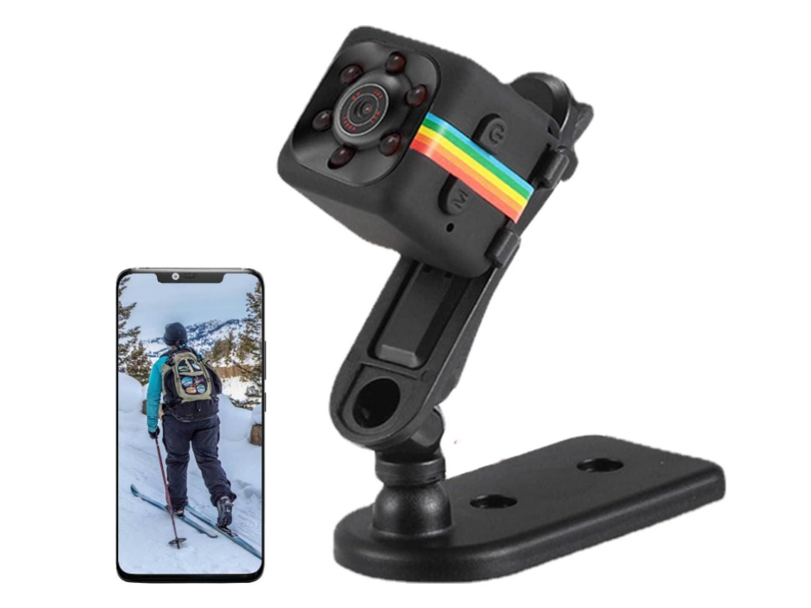 Mini Câmera | Filmadora Pequena com Suporte Ajustável | Filmadora Pequena HD com Visão Noturna e Função de Slot para Cartão (Preta)