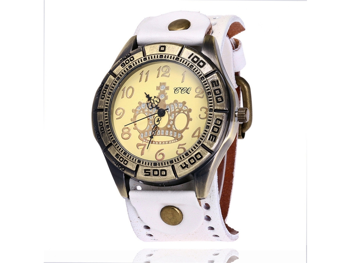 Relógio de pulso unissex de quartzo com mostrador grande CCQ em bronze e couro PU (branco)