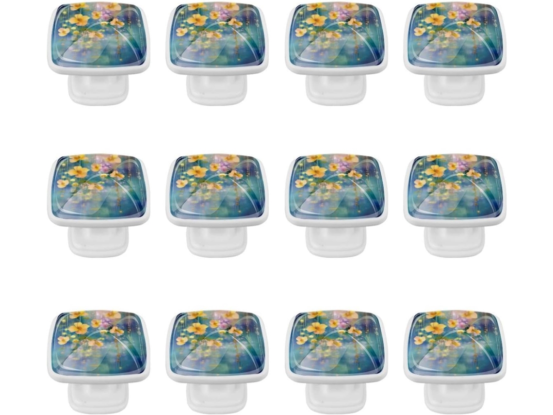 Puxadores E Maçanetas Quadradas Para Armários De Cozinha, Conjunto De 12 Peças, Estampa Abstrata De Flores Da Primavera