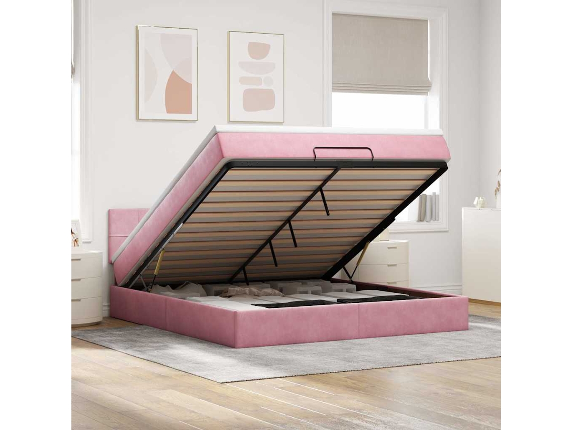 Estrutura De Cama Otomana Com Colchão 180x200 Cm Veludo Rosa