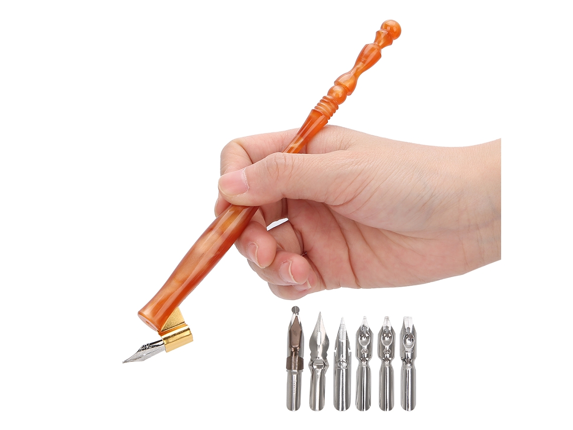 Pluma De Imersão Bonita E Inovadora Com 6 Pontas Para Praticar Caligrafia Inglesa Presente Marrom