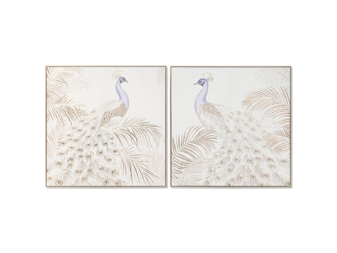 Pintura Home Esprit Branco Natural Pavão Tropical 100 X 5 X 100 Cm (2 Unidades)