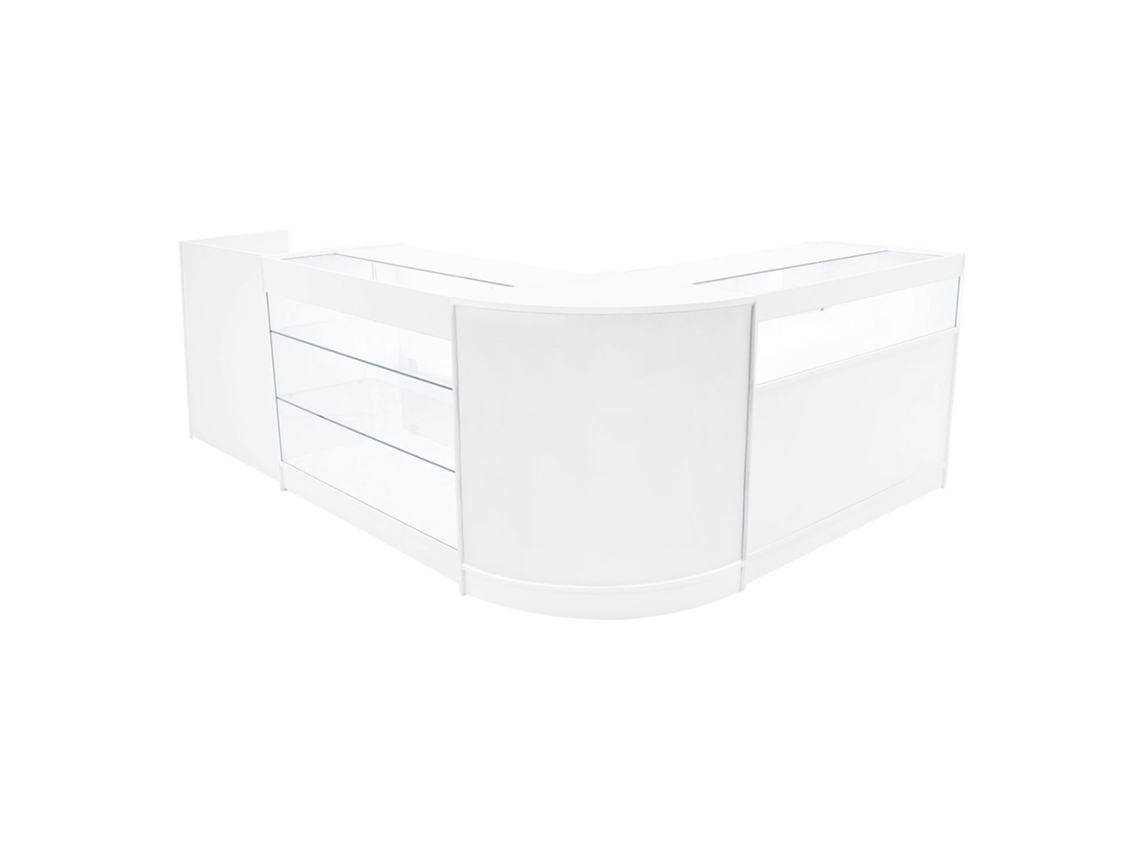 Conjunto De Balcões Comerciais Polaris | Branco| Cm60 B1200 K1200 Tb60 | Mdf E Vidro Temperado | Prateleiras E Monstershop