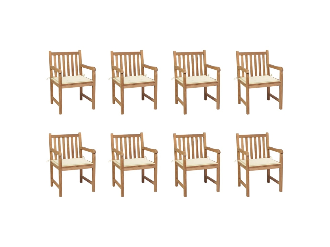 Vidaxl Cadeiras De Jardim C/ Almofadões Cor Creme 8 Pcs Teca Maciça