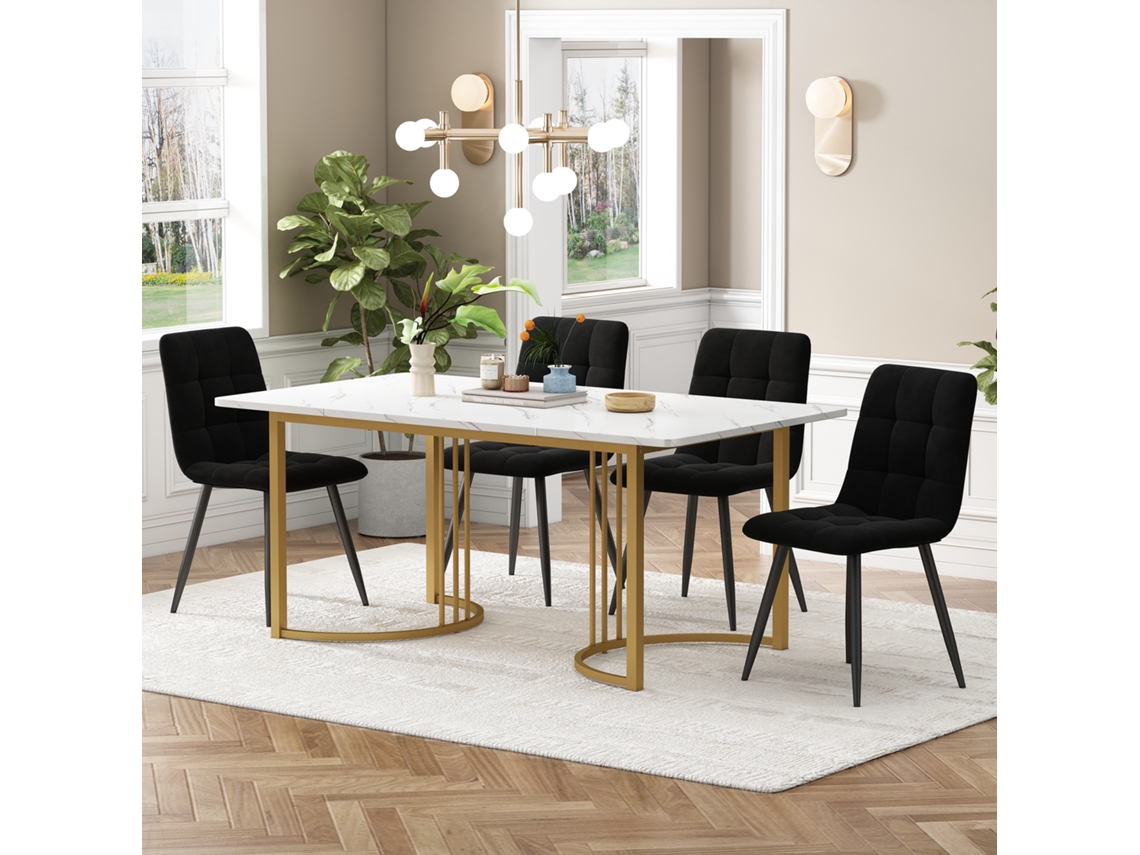 Conjunto Jantar 5pç, Mesa 140x80cm Branca + 4 Cadeiras Veludo Verde, Pernas Douradas.-qq