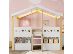 Cama semi alta 90x200cm formato casa, 2 gavetas, led, prateleiras, madeira maciça, segurança infantil, branco e natural KOMHTOM