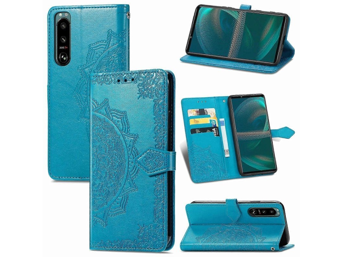 Yuru capa de Couro Flip Horizontal com Mandala para Sony Xperia 5 Iii, Suporte, Slot de Cartão, Carteira, Cordão Azul