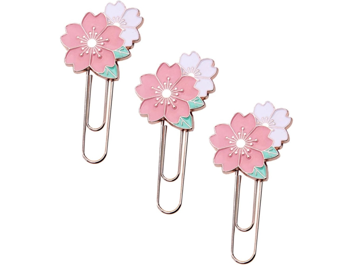 Clips decorativos rosa da Zinco League para anotações, com 3 formatos diferentes para pastas e cadernos, ideais para