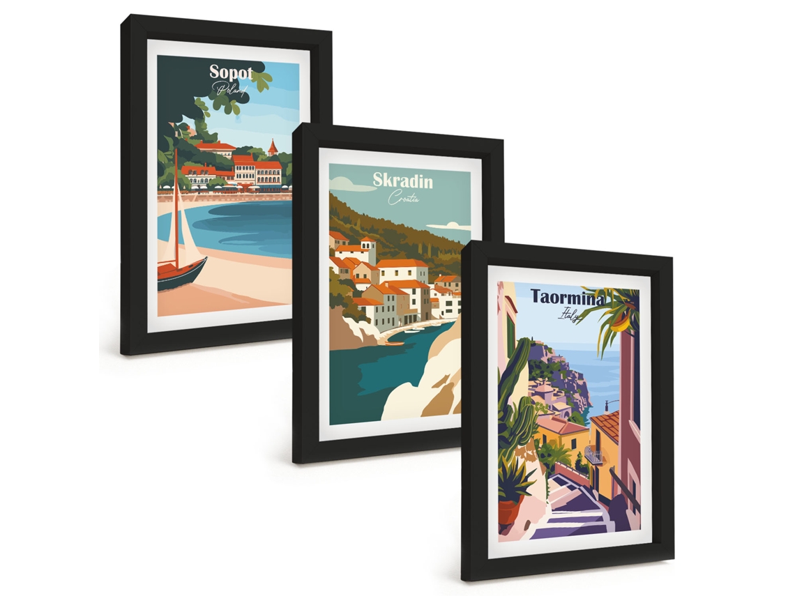 Composição De Quadros Ilustrações De Cidades Costeiras Espelharte (3 Peças 20x30 Cm)