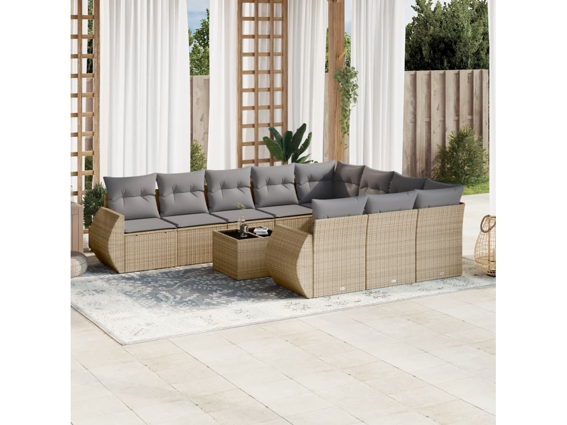 Vidaxl 11 Pcs Conjunto Sofás De Jardim C/ Almofadões Vime Pe Bege