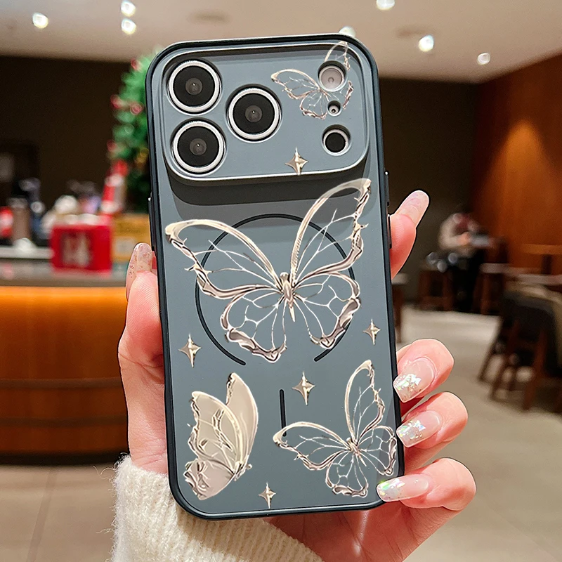 Capa Magnética Rígida De Policarbonato Com Estampa De Borboleta Dourada Para Iphone 15 Pro Max (preta).