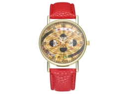 Relógio de Pulso de Quartzo Zhoulianfa com Pulseira Pu Padrão Espacial Dial Redondo Vermelho