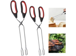 Conjunto 2 Pinças Bbq – Pinça Cozinha – Pinça Churrasco – Pinça Tesoura – Para Pão E Carvão – Aço Inoxidável – Preto/vermelho