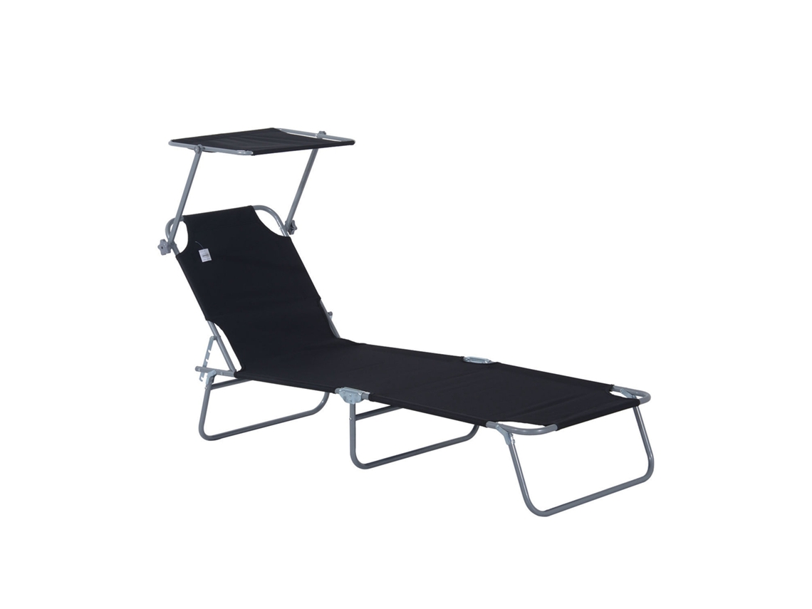 Espreguiçadeira Espreguiçadeira De Jardim Dobrável Com Proteção Solar 187x58x36 Cm Preto, Ideal Para Terraço E Varanda-md