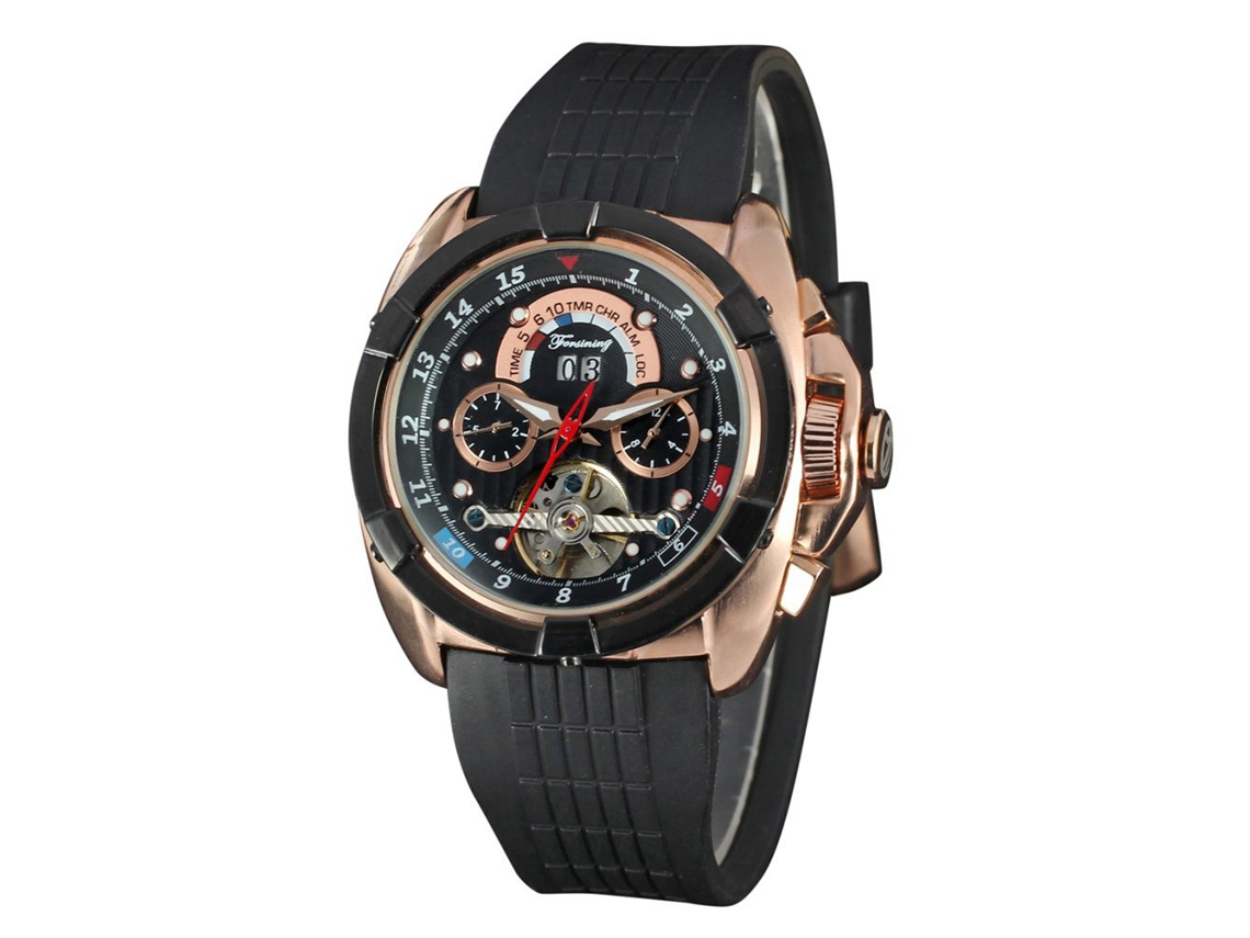 Reloj Automático Mecánico Forsining Para Hombres, Dial Redondo 16 Escalas, Color Negro Y Oro Rosa