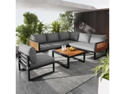 Conjunto Lounge Cinza 5-6p, Ferro, Braços de Madeira.-cy