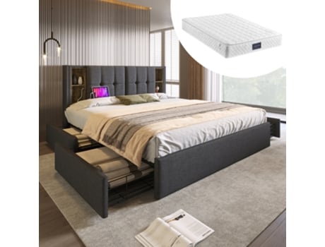 Cama De Casal Com Carregamento Sem Fio Usb C E 4 Gavetas, Estrutura De Cama Estofada 160x200cm, Estrado De Ripas Em Linho Cinza-madeira (com Colchão