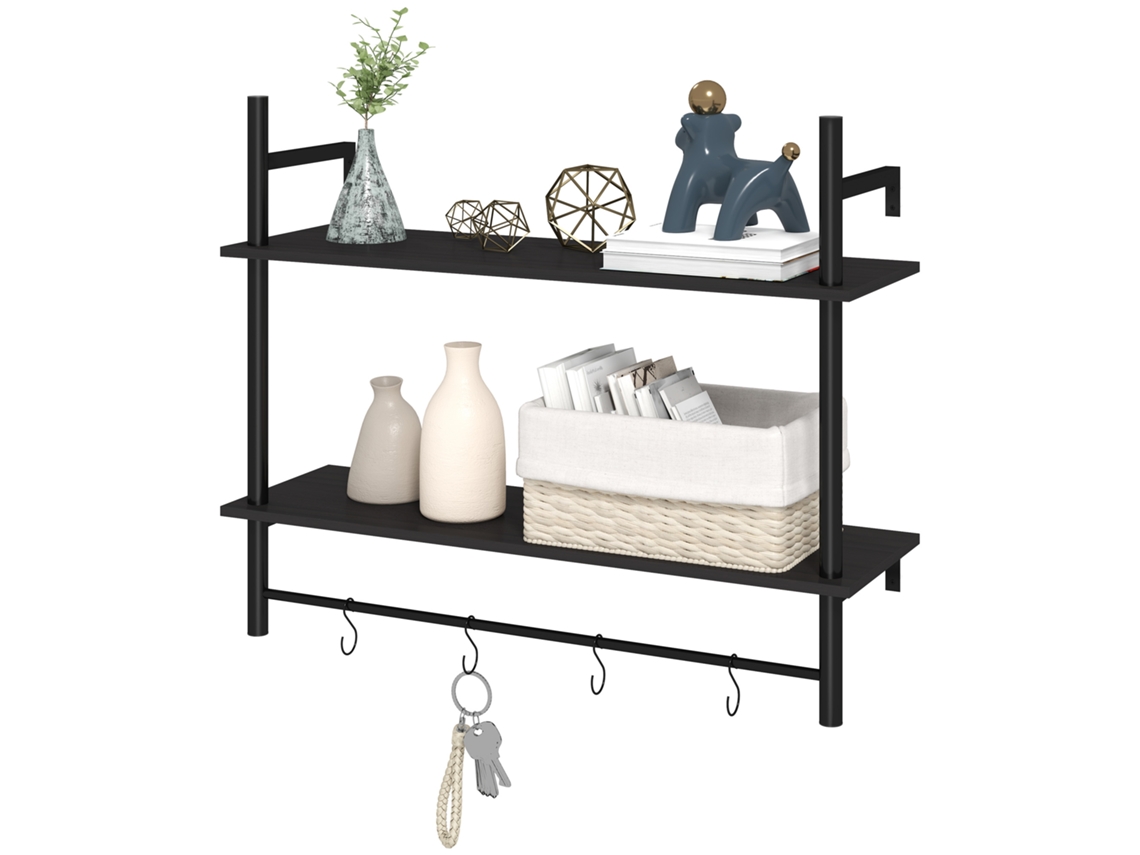 Estante De Parede De 2 Níveis Suspensa Com 4 Ganchos 2 Prateleiras E Estrutura De Metal 80x24x65 Cm Preto