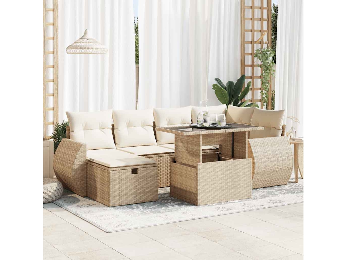 7 Pcs Conjunto De Sofás P/ Jardim Com Almofadões Vime Pe Bege Dkd Home Decor