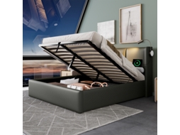 Cama Estofada, Cama De Casal, Cama Box Com Compartimento De Armazenamento, Luz De Leitura Com Função De Carregamento, Cabeceira, Cama Box Com Compart
