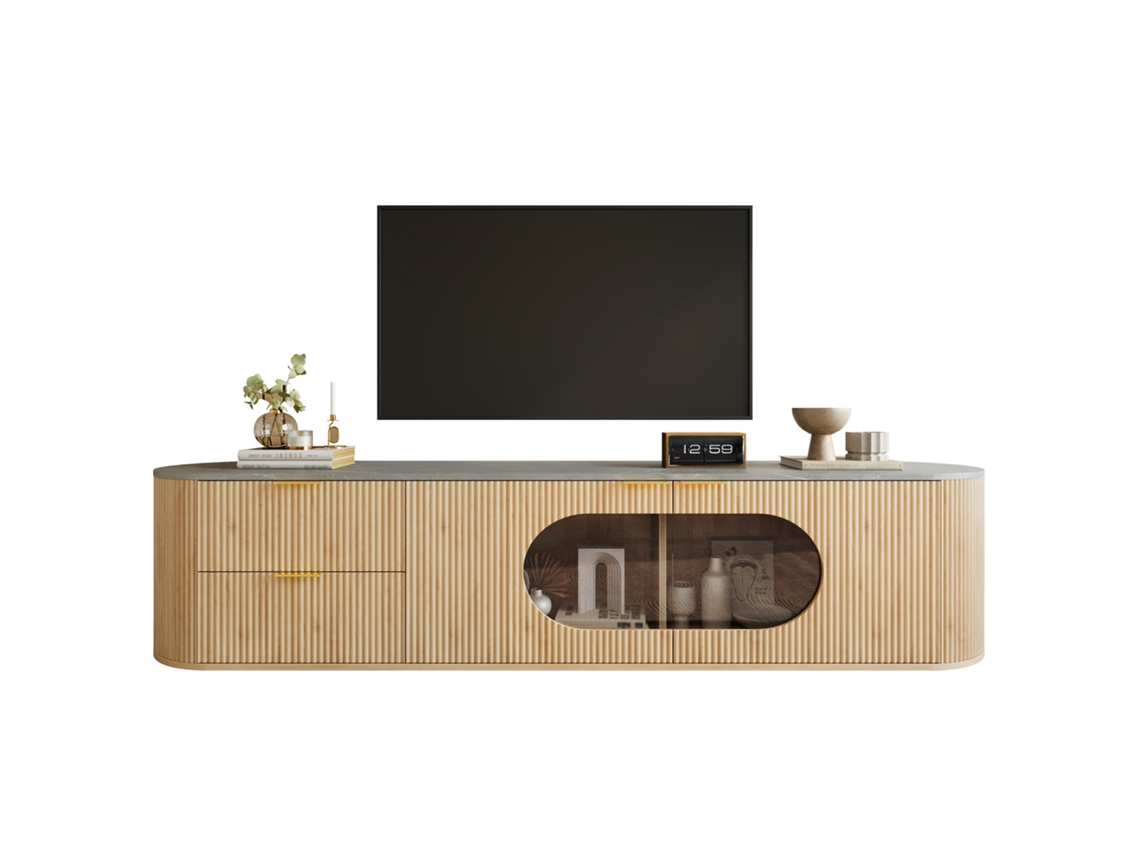Móvel para TV moderno e minimalista com acabamento em madeira, portas com riscas verticais em 3D, vitrine oval em vidro Cinzento.