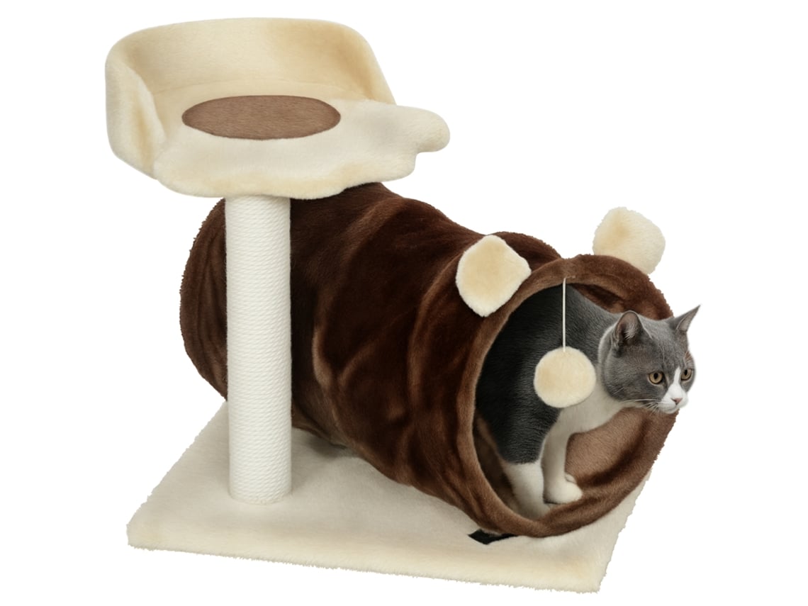 Arranhador para Gatos, 47 Cm de Altura, com Túnel, Ninho, Plataformas, Bola de Brinquedo e Poste de Juta, Marrom Escuro ESSÊNCIACASA