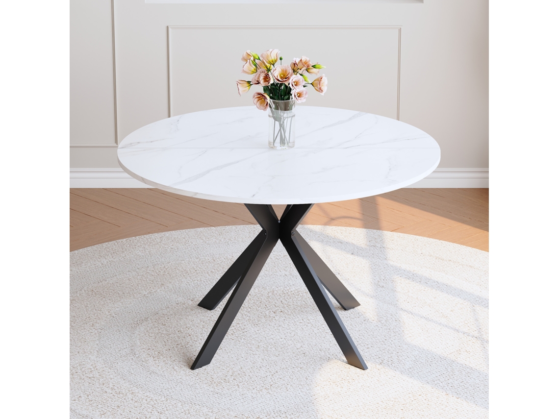 Mesa Redonda Moderna Em Mdf Com Visual Mármore Branco E Base X Preta, 110 Cm.