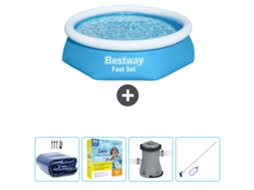 Piscina Inflável Redonda BESTWAY Fast Set 244 X 61 Cm Azul Incluída Vela Solar Pacote de Manutenção Bombear Kit de Limpeza