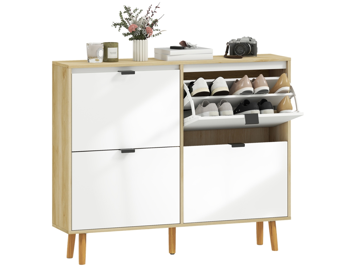 Sapateira Estreita com 4 Portas em Branco Brilho Prateleiras Ajustáveis Pernas de Madeira para 20 Pares de Sapatos 105x24x92,5 Cm Ge