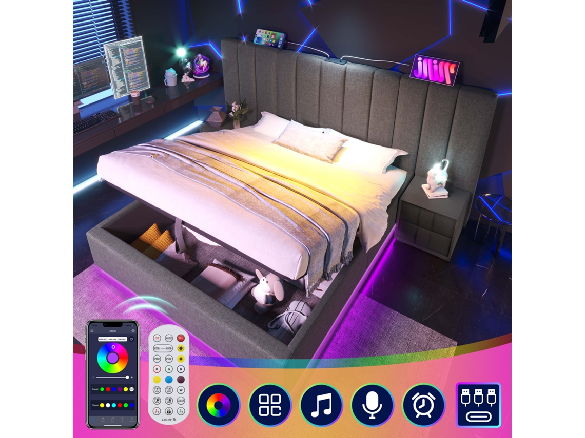 Cama Casal 180x200 Com Armazenamento, Led App Control E Usb-c