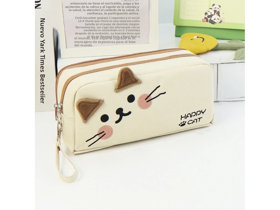 Estojo Escolar Grande (branco), Com Estampa De Gato Preto E Branco, Porta-canetas E Divisória De Tela.