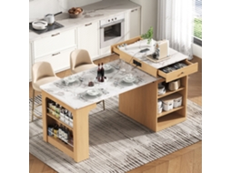 Ilha De Cozinha Com Rodas E Mesa Extensível, Barra Com Tomadas, Multifuncional, Natural