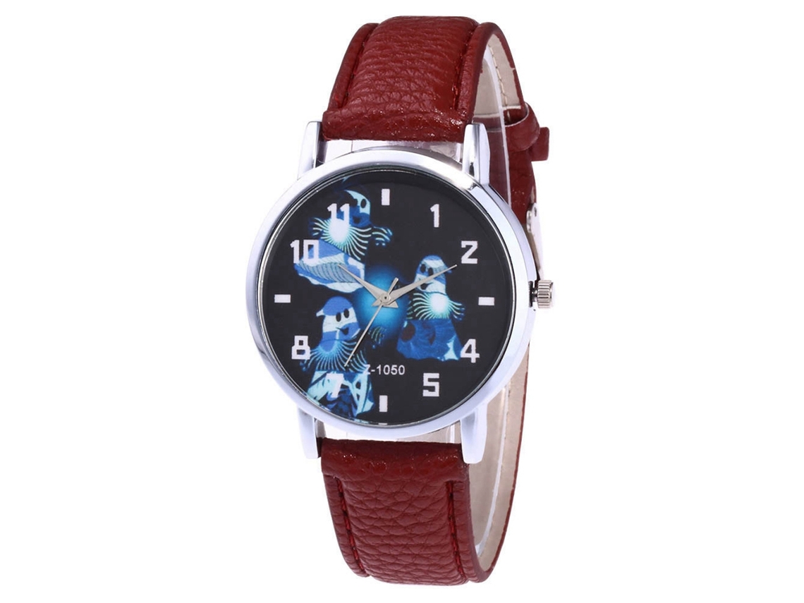 Relógio de casal casual de quartzo com pulseira de PU, estampa fofa de Halloween, cor café, Zhoulianfa
