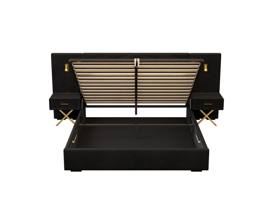 Cama Com Caixa De Armazenamento Ajustável 266x205x117 Cm Em Veludo, Com Cabeceira Acolchoada E Luz Led Nas Laterais