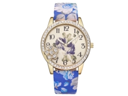 Relógio Feminino de Quartzo com Pulseira de Couro Pu Estampa Floral e Strass Azul Escuro