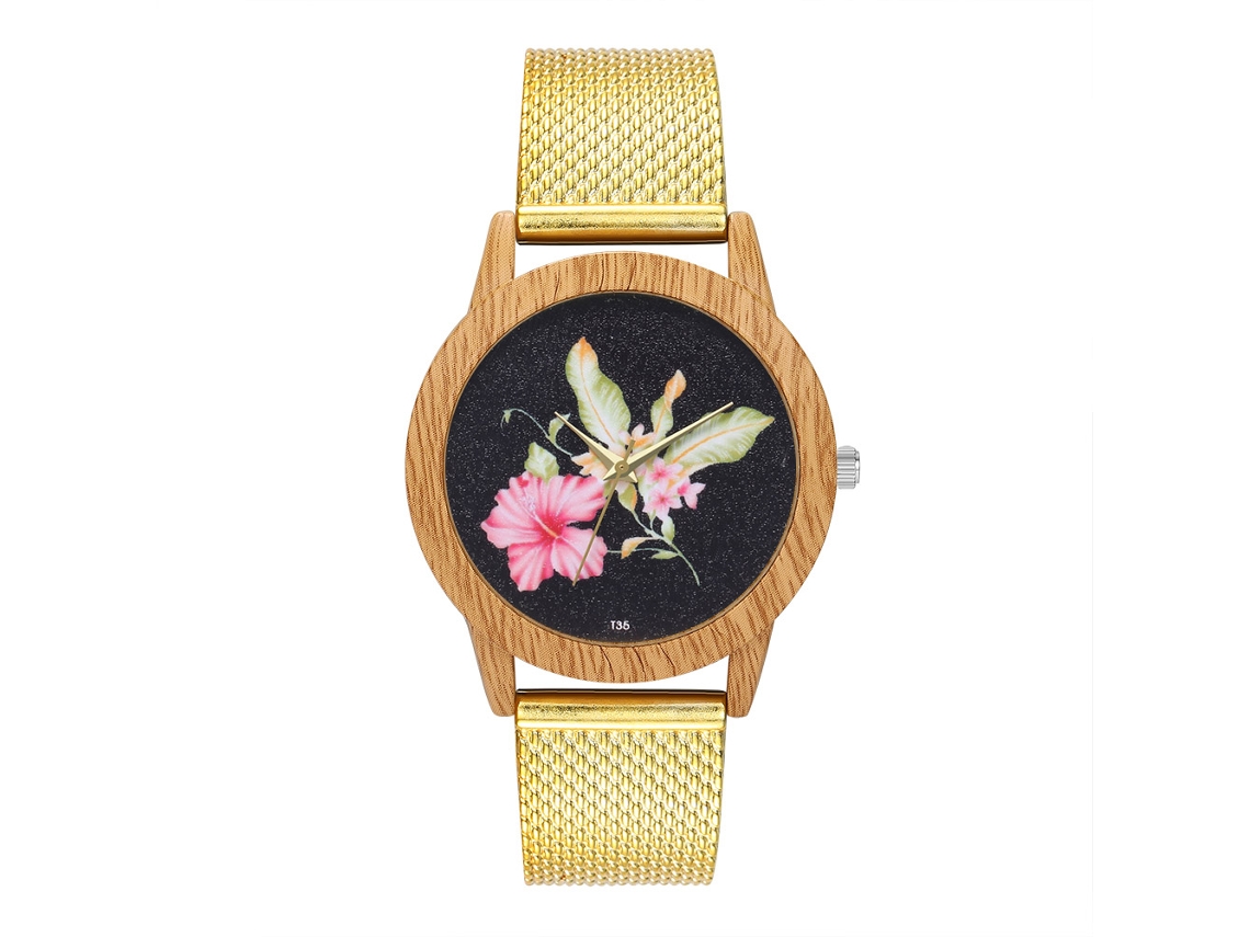 Relógio de pulso analógico de quartzo com pulseira de malha para mulheres e homens, dourado.