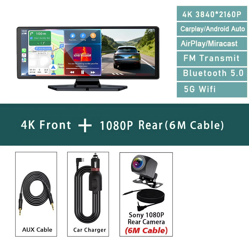 (traseira 6m) Câmera Veicular 4k, Lente Dupla De 10,26 Polegadas Com Carplay E Gps